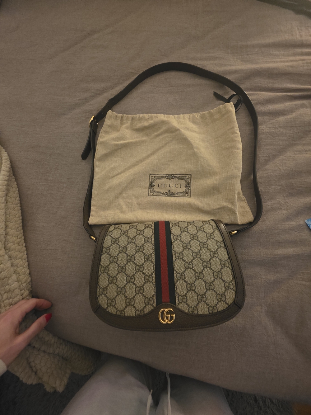 Gucci Brown GG Ophidiq Supreme Canvas Saddle Bag with Web Stripe